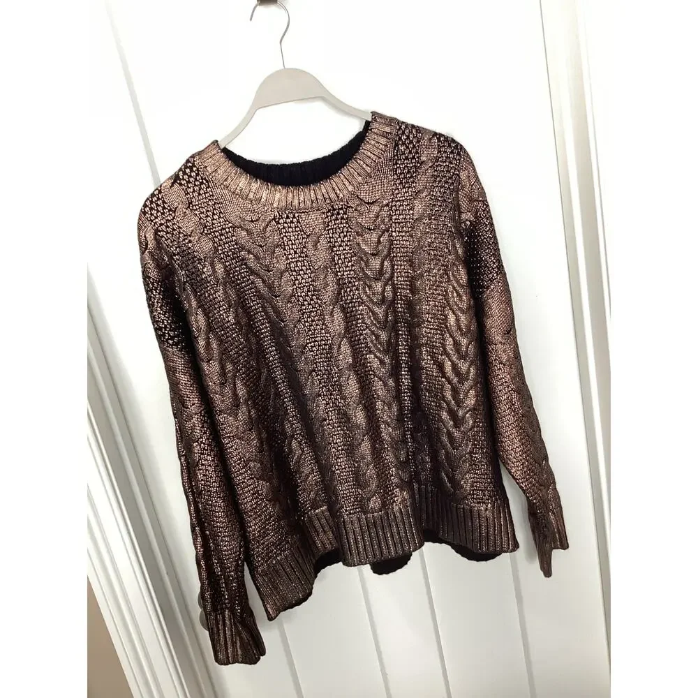 Torrid Women's Cable Knit Metallic Cropped Foil Pullover‎ Sweater Brown Size 2